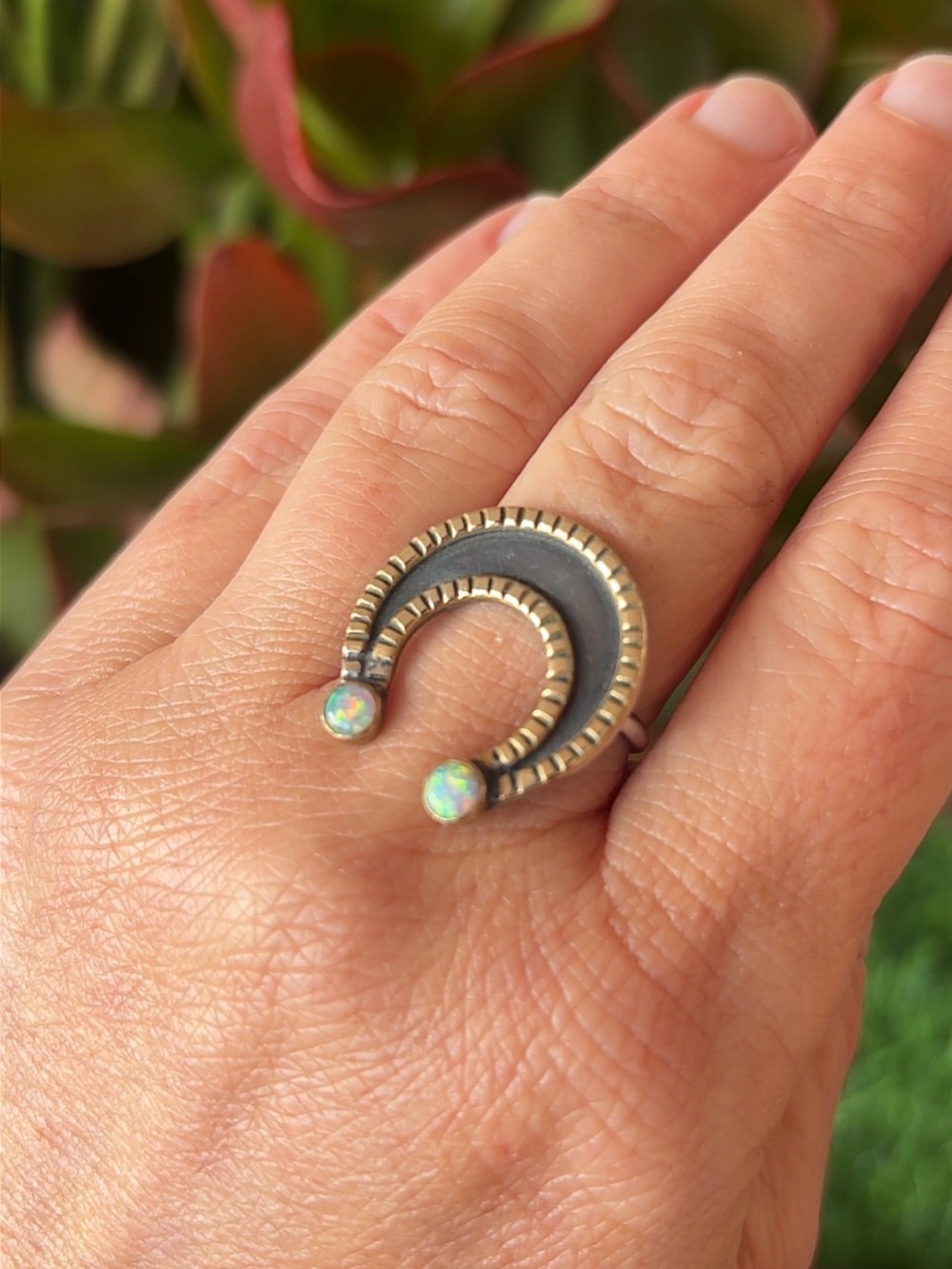 925 Sterling Bronze Opal Naja Crescent Moon Ring sz 8